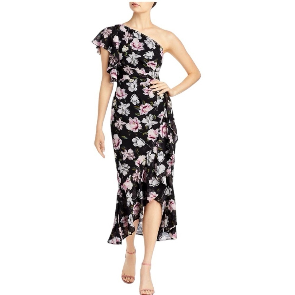 NWT AQUA Formal One Shoulder Ruffleβ Floral High-Low Midi Dress Black Size 4